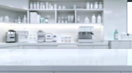 Mockup of a clean white countertop in a minimalist doctor's examination room, with blurred medical equipment, cabinets, and medicine bottles in the background