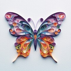 Artistic multicolor butterfly crafted from paper quilling, showcasing intricate patterns and vibrant hues. Ideal for creative and decorative designs.