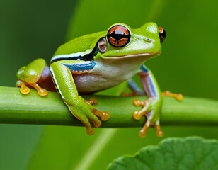 Flying frog sitting on body, beautiful tree frog on branch, rachophorus reinwardtii, Javan tree frog. Ai generated image.