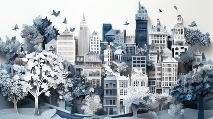 Artistic paper cut cityscape with buildings, trees, and birds in shades of blue and white, creating a whimsical urban scene.