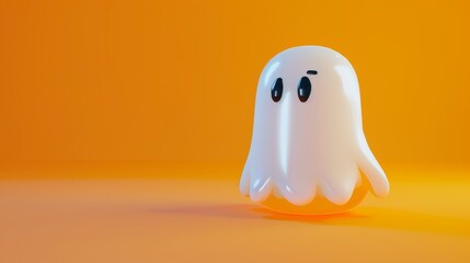 Fototapeta premium Cute white glossy ghost figurine standing on a bright orange background for Halloween decoration.