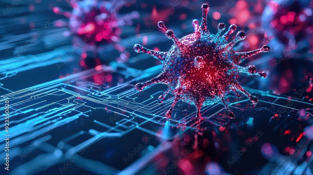 Poster 3d rendering of a network with malware prevention nodes, cybersecurity, protection