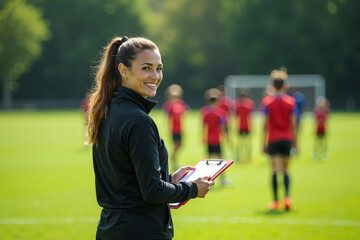 photo of coach instructor trainer teaching teenage player at soccer field, generative AI