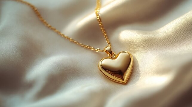 Image of a beautifully detailed golden heart-shaped locket resting on soft, luxurious silk fabric.