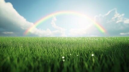 Naklejka premium A beautiful rainbow arches over a lush green field with dewy grass.