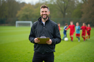 photo of coach instructor trainer teaching teenage player at soccer field, generative AI