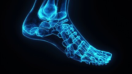 A glowing blue digital 3D rendering of the bones in the human foot, highlighting the skeletal structure and medical detail.