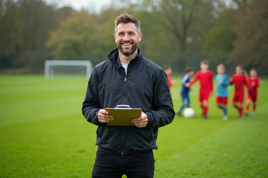 photo of coach instructor trainer teaching teenage player at soccer field, generative AI