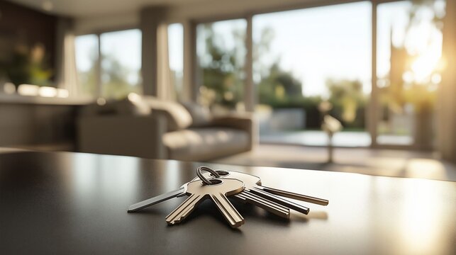 A set of metal keys placed on a sleek table surface inside a contemporary home with large windows and soft lighting.