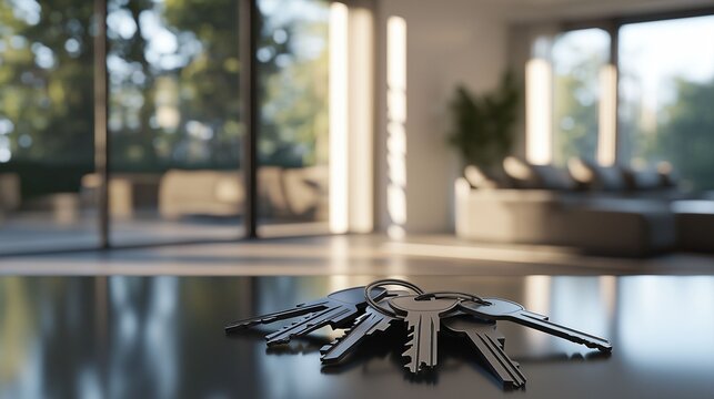 A set of metal keys placed on a sleek table surface inside a contemporary home with large windows and soft lighting. - Powered by Adobe