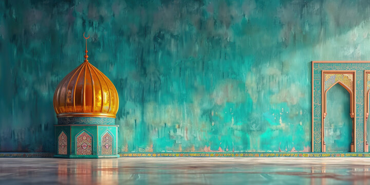 Golden dome and mihrab reflect in mosque, with turquoise walls creating peaceful ambiance for prayer