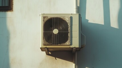 An outdoor air conditioning unit mounted on a weathered exterior wall.