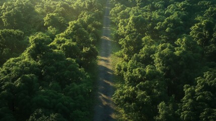 An aerial perspective of a road cutting through a dense, lush green forest.