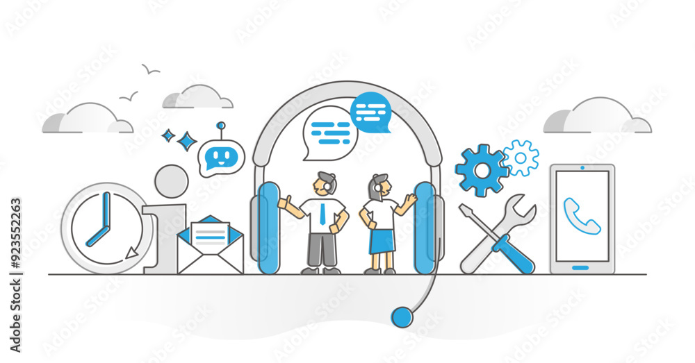 Poster client support call as customer consultant helpline monocolor outline concept, transparent backgroun