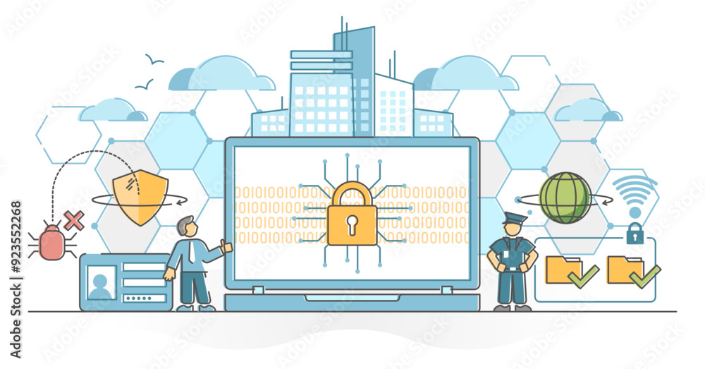 Poster cyber security as digital data protection and safe defense outline concept, transparent background. 