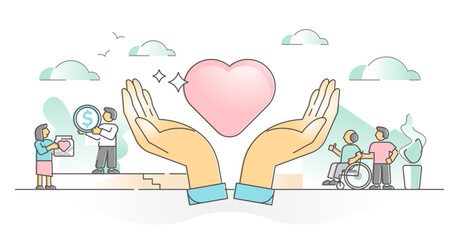 Charity support and money donation for social elderly care outline concept, transparent background. Humanity and solidarity with campaign for poor and old people illustration.