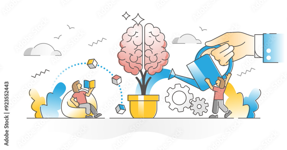Poster improving memory with brain teasers and learning literature outline concept, transparent background.