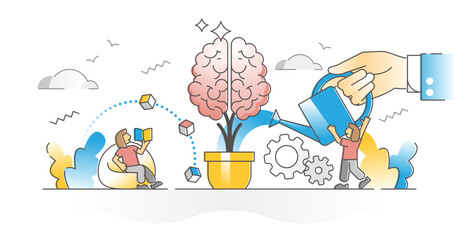 Improving memory with brain teasers and learning literature outline concept, transparent background. Personal mind growth or development with help from teacher, tutor or couch illustration.