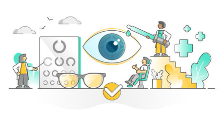 Ophthalmology as eye vision checkup, diagnosis or sight correction outline concept, transparent background. Optical health specialist illustration. Medic oculist occupation work with pill drops. © VectorMine