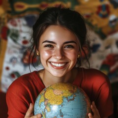 Fototapeta premium Close-up of young woman holding a globe that represents travel, freedom, learning.