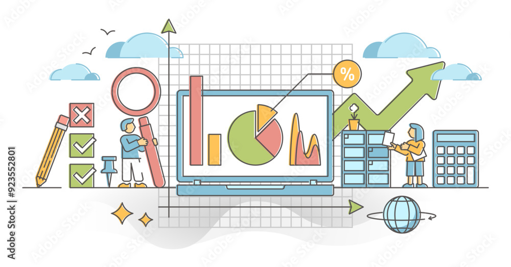 Aufkleber statistics information visualization with charts and graphs outline concept, transparent background.
