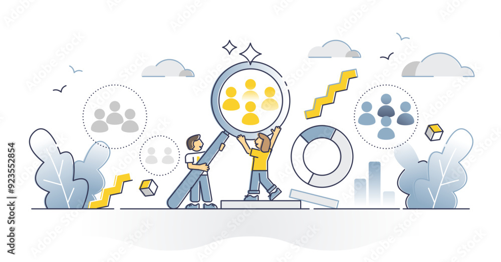 Poster target audience segmentation and group targeting strategy outline concept, transparent background. c
