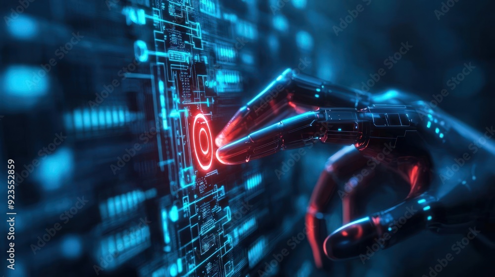 Poster ai assistant managing firewall protocols on a digital interface, cybersecurity, protection