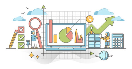 Statistics information visualization with charts and graphs outline concept, transparent background. Presentation with professional percentage analysis and data about market illustration.