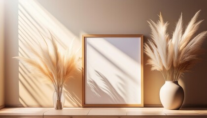Sun-Kissed Minimalism A serene interior with pampas grass and a blank frame, bathed in warm sunlight.