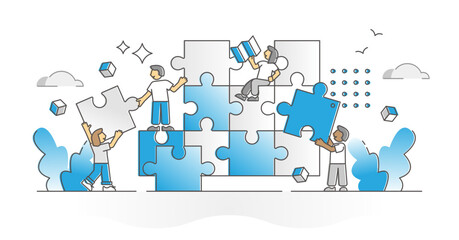 Teamwork puzzle with team assistance, help and support monocolor outline concept, transparent background. Project tasks and duties partnership as pieces assemble with division of labor.