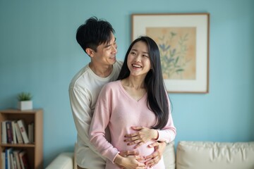 photo of couple man and pregnant woman relaxing standing both hands touching her belly at house, generative AI