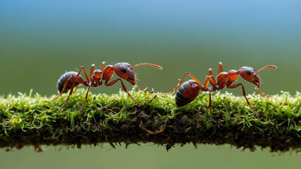 Fototapeta premium Ants walking in a line on a mossy branch against a blue sky background, showcasing teamwork.