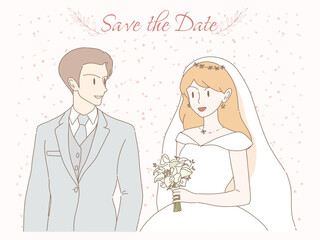 Groom in tuxedo and bride in wedding gown and veil holding bouquet in hands, looking each other with love. Pink petals, confetti flying isolated. Hand drawn flat cartoon character vector illustration.