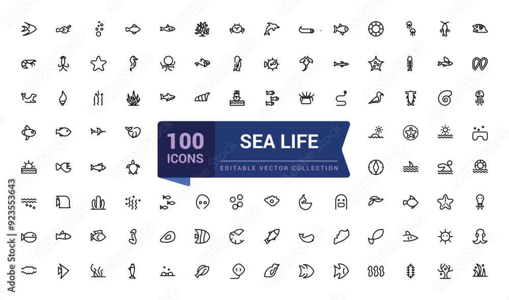 Poster set of sea life icons set. pixel perfect, minimalistic web and ui icon. outline icon collections. ed
