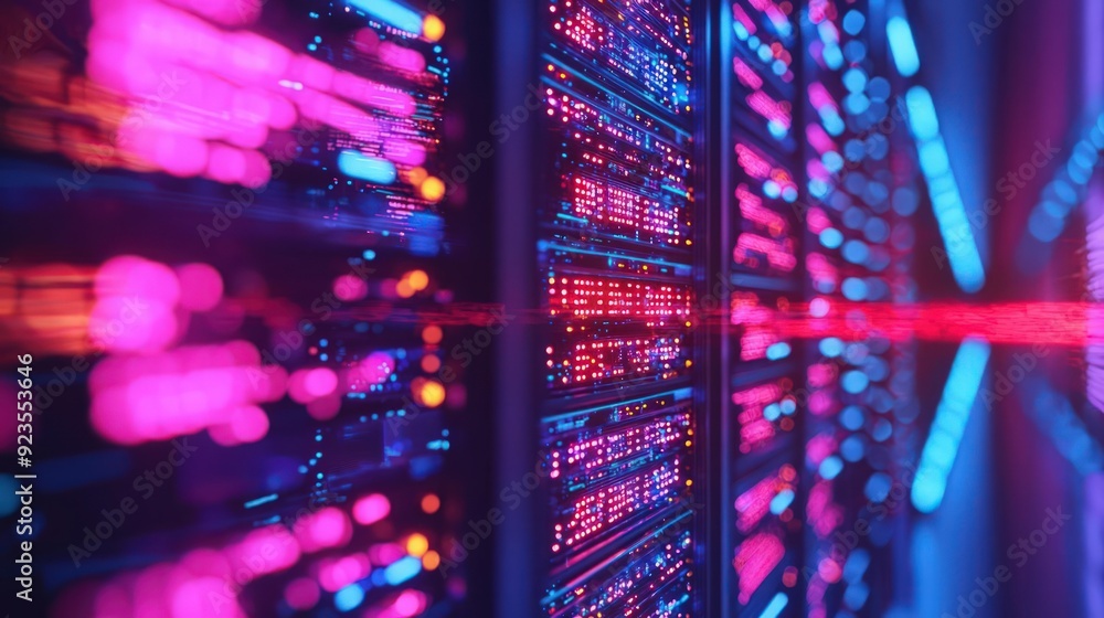 Poster closeup of a server room with neonlit firewall graphics and encrypted codes, cybersecurity, protecti