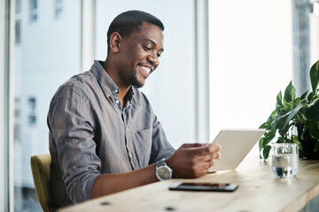 Black man, tablet and smile in office for professional career, good news and business opportunity....