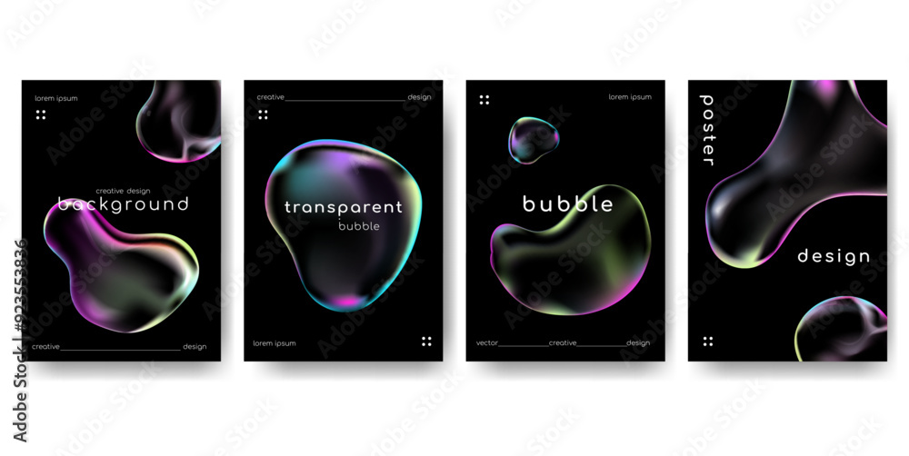 Poster transparent realistic iridescent bubble of different shapes and place for text.creative posters, fly