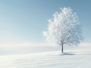 Lone snow-covered tree standing in a vast winter landscape minimal winter scene