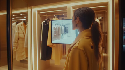 Showcase a futuristic AI-powered personalized shopping experience where users interact with virtual fitting rooms and receive tailored style recommendations