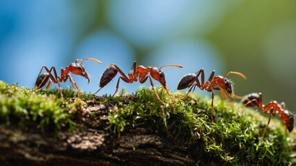 Fototapeta premium Ants walking in a line on a mossy branch against a blue sky background, showcasing teamwork.
