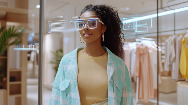 Showcase a futuristic AI-powered personalized shopping experience where users interact with virtual fitting rooms and receive tailored style recommendations