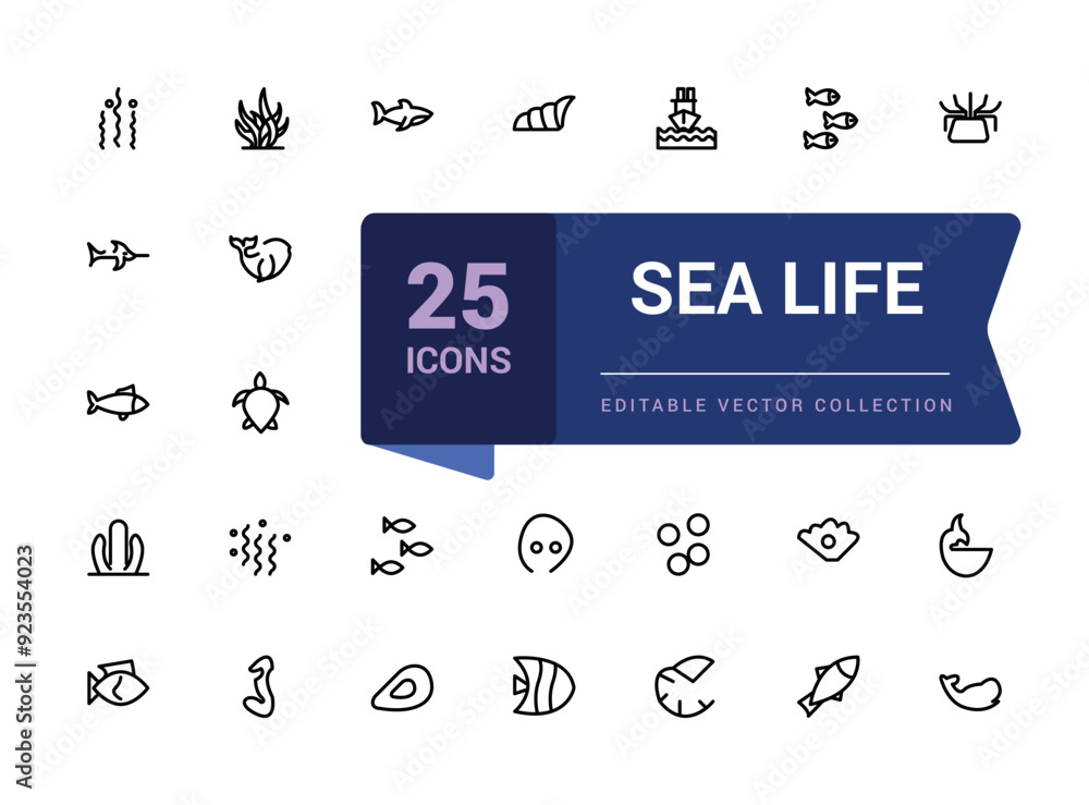 Poster set of sea life icons set. pixel perfect, minimalistic web and ui icon. outline icon collections. ed