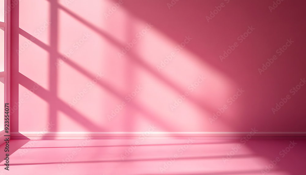 Poster wall interior background, studio and backdrops show products. with shadow from window color pink bac