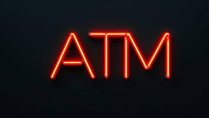 atm red neon lettering on plain dark black background