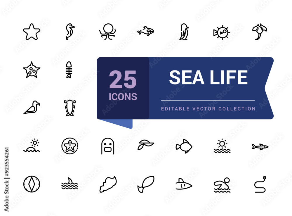 Poster set of sea life icons set. pixel perfect, minimalistic web and ui icon. outline icon collections. ed