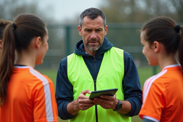 photo of man coach instructor trainer teaching teenage player at soccer field, generative AI