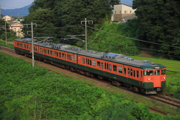 Naklejka premium 夕焼けに染まる夏の軽井沢を走行するしなの鉄道115系電車(湘南色)_2024/8/3撮影