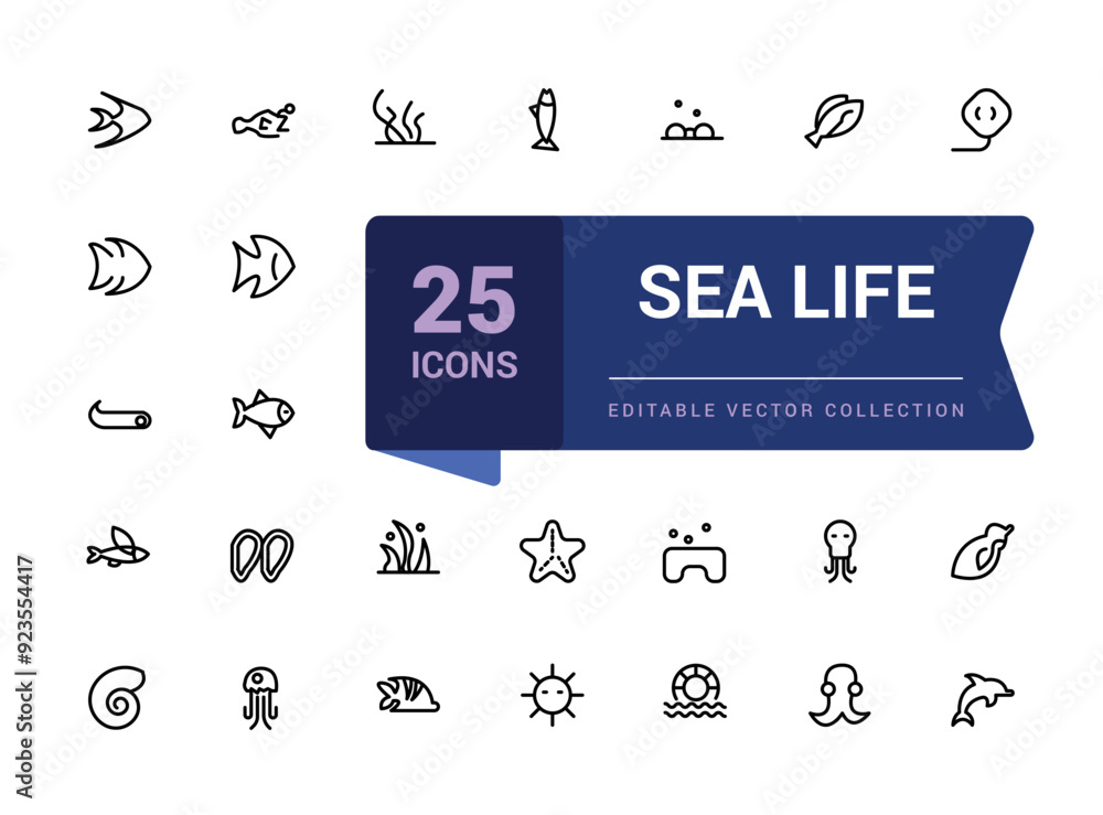 Poster set of sea life icons set. pixel perfect, minimalistic web and ui icon. outline icon collections. ed