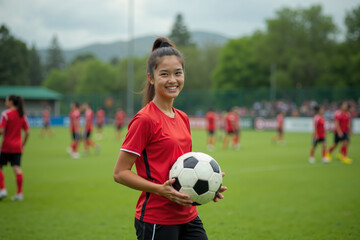 Obraz premium photo of teenage youth soccer player at soccer field, generative AI