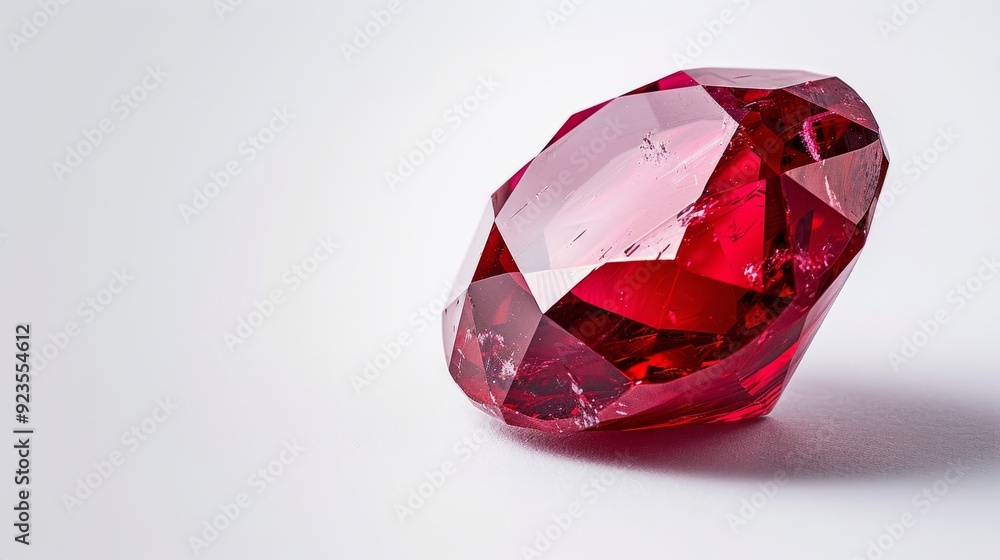Poster sparkling red gemstone with faceted edges on a light surface